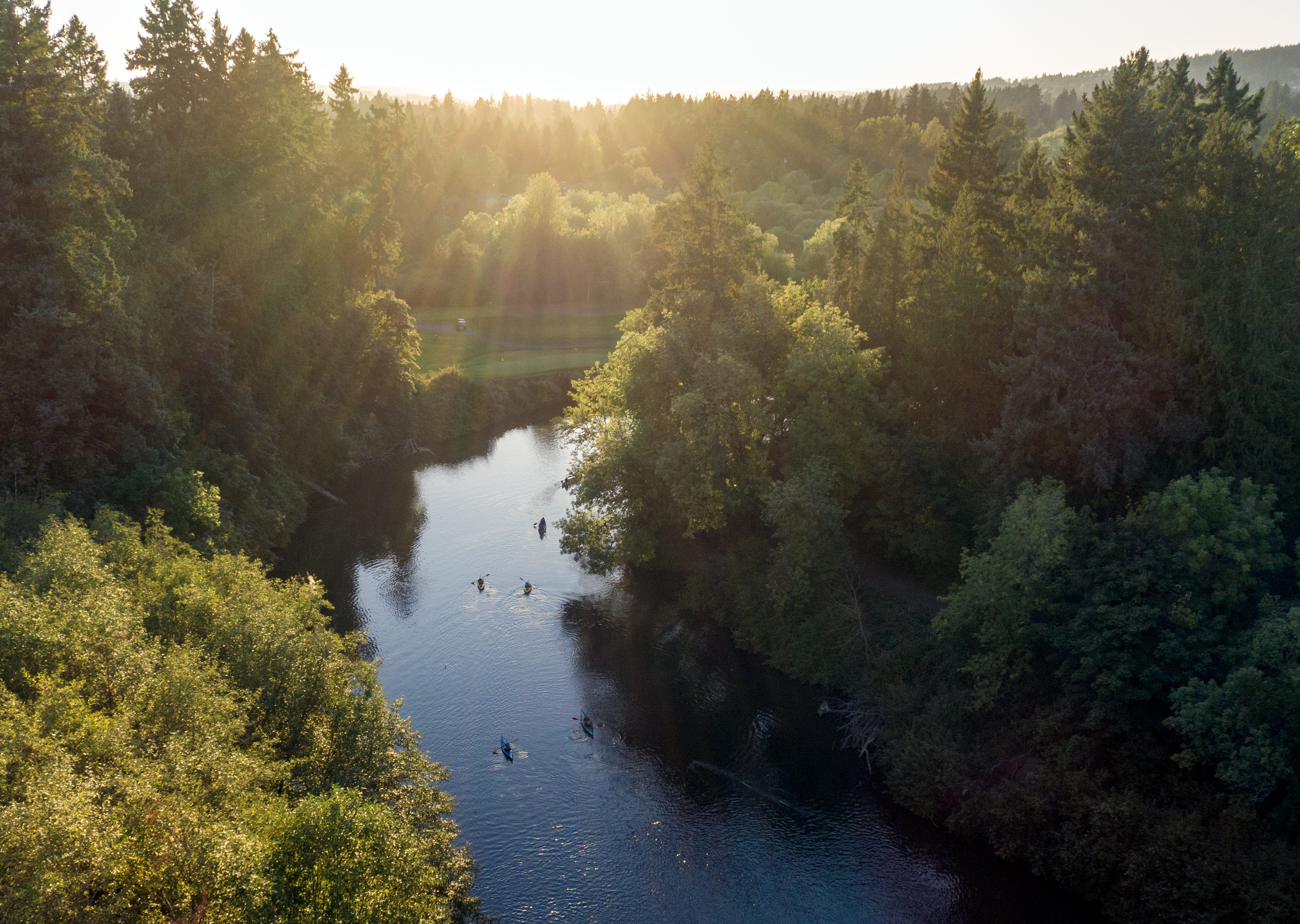An aerial shot of people kayaking on the Tualatin River in late evening as the sun shines over the trees.
