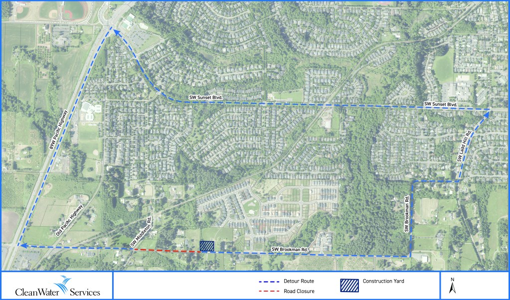 An image of a map showing SW Brookman Rd. closure. With a legend showing a detour route, road closure and what is zoned out as a construction yard.