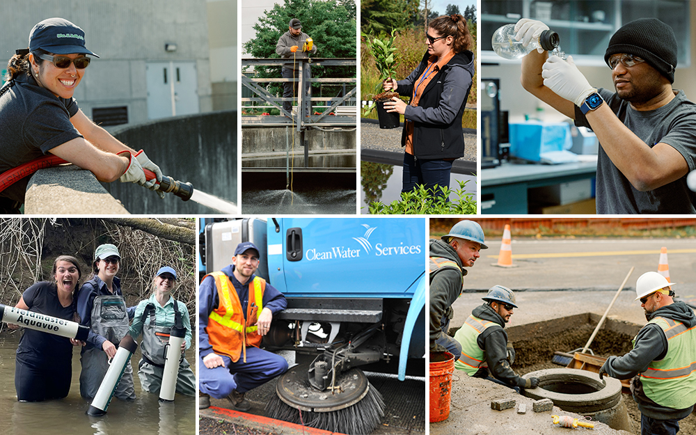 A collage showcasing water professionals in the field and in the laboratory.